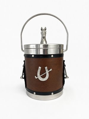 English Equestrian Horse Ice Bucket in Dark Brown Faux Leather, 1970s — view 1
