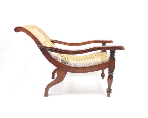 Antique Burmese Colonial Recliner Chair With Rattan Seat For Sale
