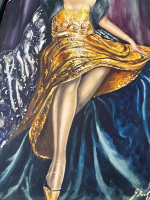 lady in gold dress painting Carl H. Berberich, Elegant Dress, Oil on Canvas miss circle
