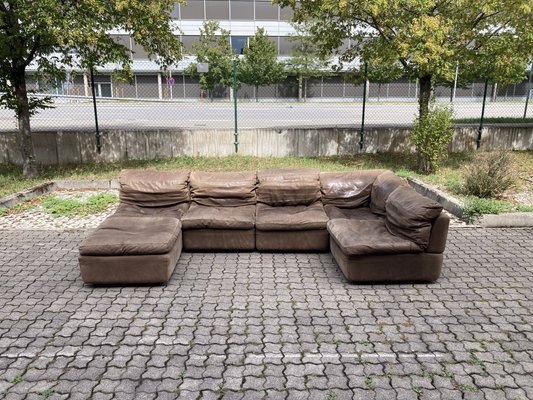 Vintage Brown Leather Sofa from Rolf Benz, 1970s, Set of 6 for sale at Pamono