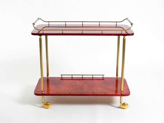 Large Vintage Red Goatskin Serving Bar Cart by Aldo Tura, 1960s