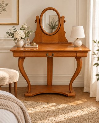 Cherrywood Console Dressing Table with Adjustable Oval Mirror, 1970s for sale at Pamono