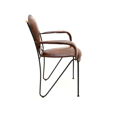 Vintage French Iron and Leather Armchair attributed to Jacques