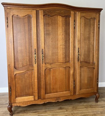 Vintage French Louis XVI Style Carved Oak 3-Door Wardrobe for sale