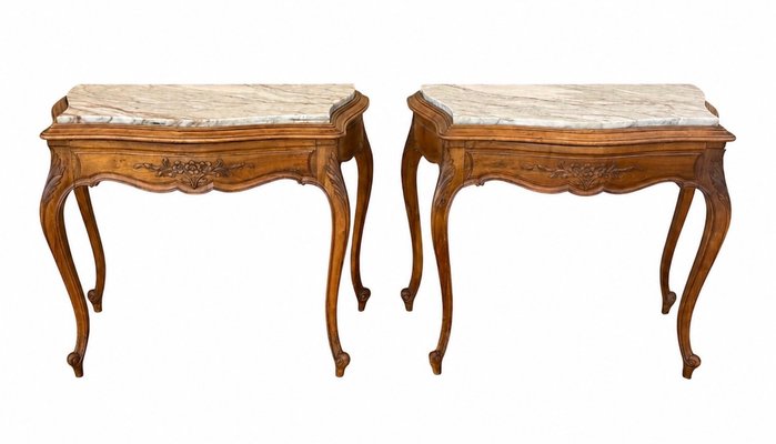 French Louis XV Style Wood Bedside Tables with Marble Tops, 1940