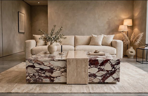 Viereckiger Couchtisch aus Calacatta Viola Marmor und römischem Travertin Marmor von Andrea Grasso bei Pamono kaufen