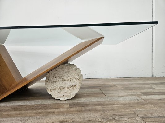 Valentino Coffee Table in Glass, Wood and Travertine by Cattelan