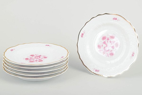 Mid-Century Salatteller aus Porzellan mit rosafarbenen Blumenmotiven von Hollóháza, 6er Set bei Pamono kaufen