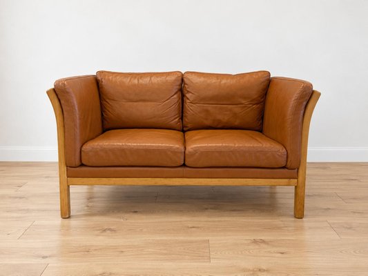 Vintage Danish Two Seater Sofa in Cognac Leather with Oak Frame