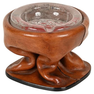 Sculptural Curved Leather and Crystal Ashtray by Jacques Adnet