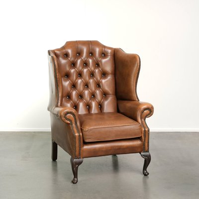 Chesterfield Ohrensessel aus Rindsleder in Hellbraun