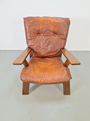 Brutalist Wood Armchair with Brown Leather Upholstery, Germany