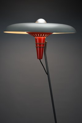 Mid-Century Tripod NX 38 Floor Lamp with Red Cone and Grey Saucer