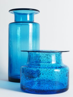 Cobalt Blue Bubble Glass Vases by Erik Höglund for Boda, 1960, Set of 2 for sale at Pamono