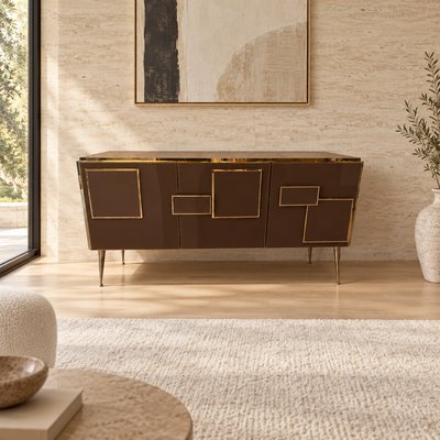 Three-Door Italian Sideboard in Chocolate Glass and Brass from Justfurnituress SRL for sale at Pamono