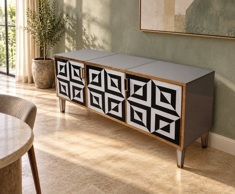 Italienisches Sideboard aus Schwarz-Weißem Optischem Glas von Justfurnituress SRL bei Pamono kaufen