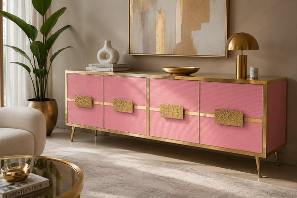 Glossy Pink Glass and Brass Sideboard from Justfurnituress SRL for sale at Pamono