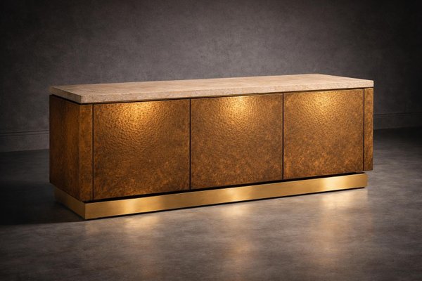 Hand-Hammered Brass Sideboard with Travertine Top from Justfurnituress SRL