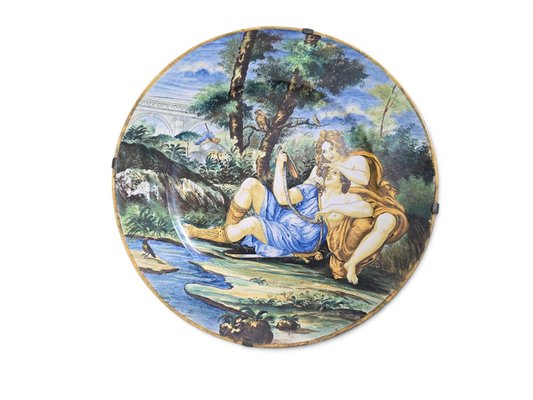 Italienischer Teller mit Rinaldo und Armida Motiv von Istoriato Maiolica, 1880, 19. Jh
