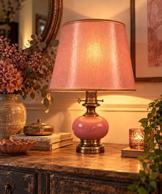 Neoviktorianische Tischlampe aus Opalglas & Messing in Rosa, 1970er bei Pamono kaufen