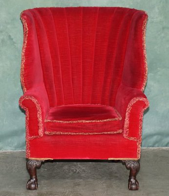 Großer georgianischer Chippendale Ohrensessel aus rotem Samt mit Klauen- und Kugelfüßen