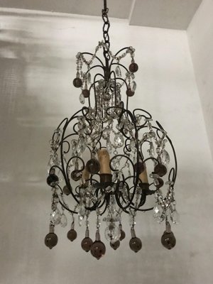 Vintage Italian Crystal Beaded Murano, Hanging Metal Chandelier Frame Wire With Hook