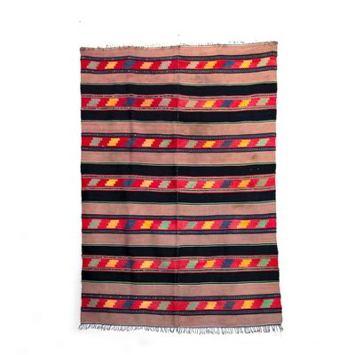 Vintage Handmade Black Brown Wool Rug With Geometric Designs Vintage Handmade Black Brown Wool Rug With Geometric Designs