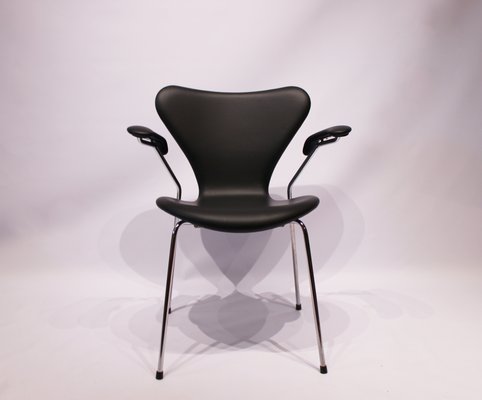 Black Leather Model 3207 Seven Chair by Arne Jacobsen for Fritz