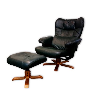 green leather reclining chair footstool from unico 1980s for sale