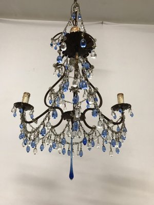 Vintage Italian Crystal Chandelier With Murano Glass Blue Pendants