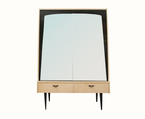Birch Veneered Cabinet Or Dresser With Mirrored Doors 1950s For