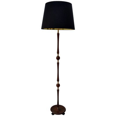 lampara de pie vintage de teca y laton con pantalla de seda negra