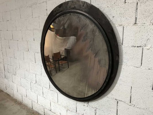 Large Vintage Convex Mirror With Pickled Frame
