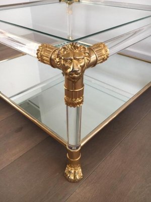 French Acrylic Glass Coffee Table with Gilt Lion Heads & Feet