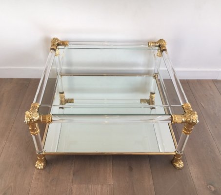 French Acrylic Glass Coffee Table with Gilt Lion Heads & Feet