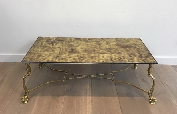French Neoclassical Style Brass Coffee, Gold Coffee Table Glass Top