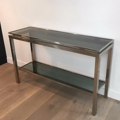Brushed Steel Console Table With Glass, Metal Sofa Table With Glass Top