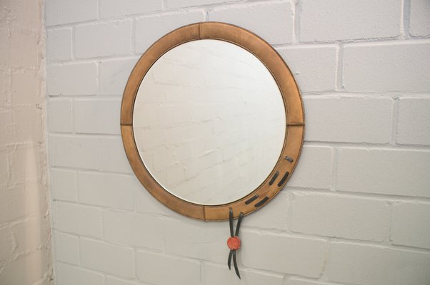 Circular Leather Frame Mirror 1960s, Large Mirror With Leather Frame