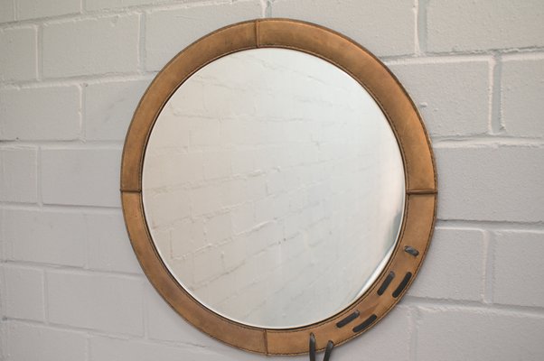 Circular Leather Frame Mirror 1960s, Leather Framed Wall Mirror