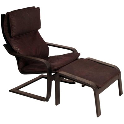 Pair Of Model Poang Leather Cantilever Chairs With Footrest By