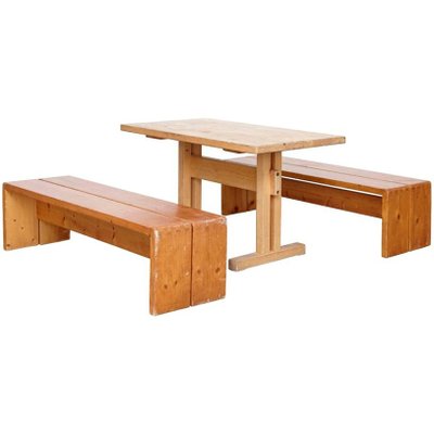 Vintage Les Arcs Table 2 Benches By Charlotte Perriand For Sale