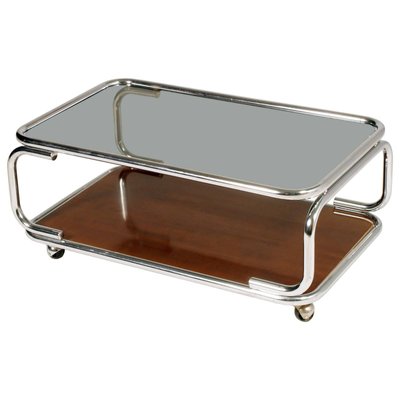 Italian Chrome Smoked Glass Faux Laminated Wood Coffee Table On Casters 1960s For Sale At Pamono