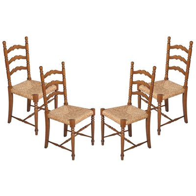 Mid Century Modern Italian Walnut Straw Chairs 1950s Set Of 4 Mid Century Modern Italian Walnut