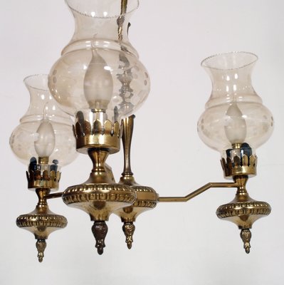 Art Deco Golden Brass and Murano Glass Chandelier with Three Lights 1930s