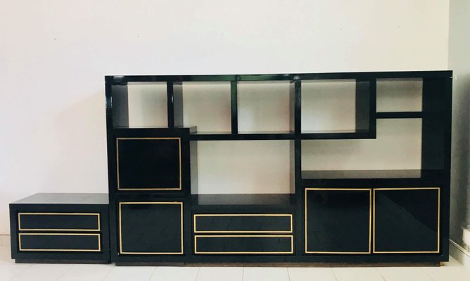 Mueble De Pared Modular De Madera Lacada Y Laton Anos 80 En Venta