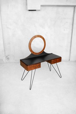 Modern Art Deco Walnut Dressing Table With Round Mirror 1950s For