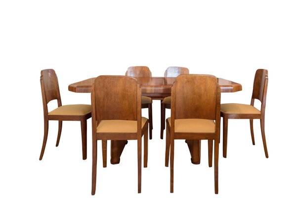 Art Deco Walnut Dining Table 6 Chairs 1920s