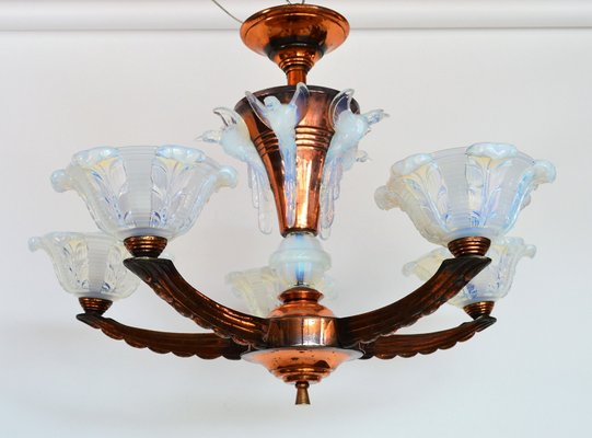 French Art Deco Seven Light Copper and Opalescent Glass Chandelier by Ezan, 1930 French Art Deco Seven Light Copper and Opalescent Glass Chandelier by Ezan, 1930