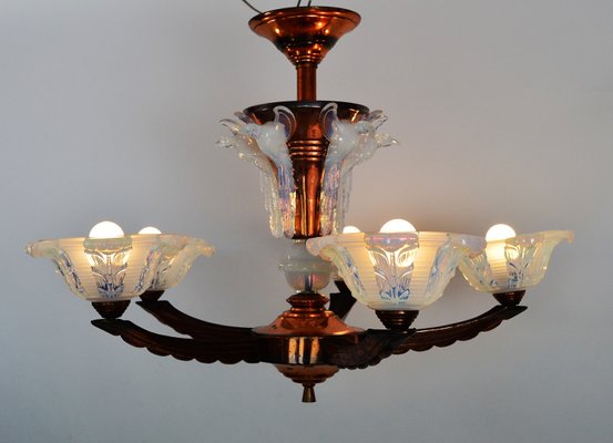 Small pocket chandelier, crystal glass with copper fixture, 1940s Small pocket chandelier, crystal glass with copper fixture, 1940s