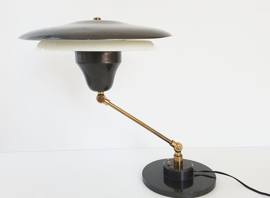 Mid Century Brown Steel Gilded Brass Articulated Table Lamp